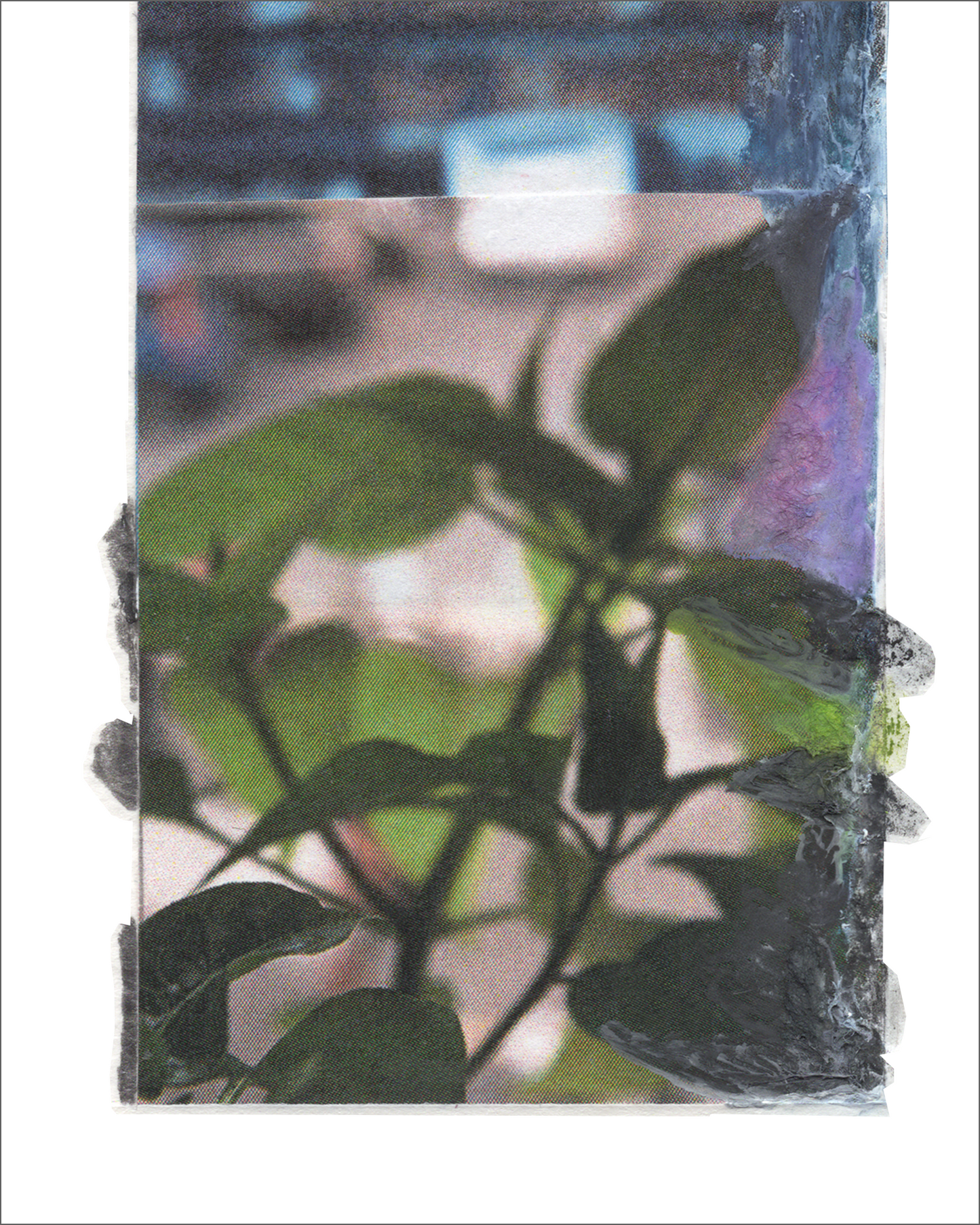 Abstract vertical collage in blue, green, and purple tones with leaf motifs, hand-painted raw edges, soft, dreamy textures, and layered photography.