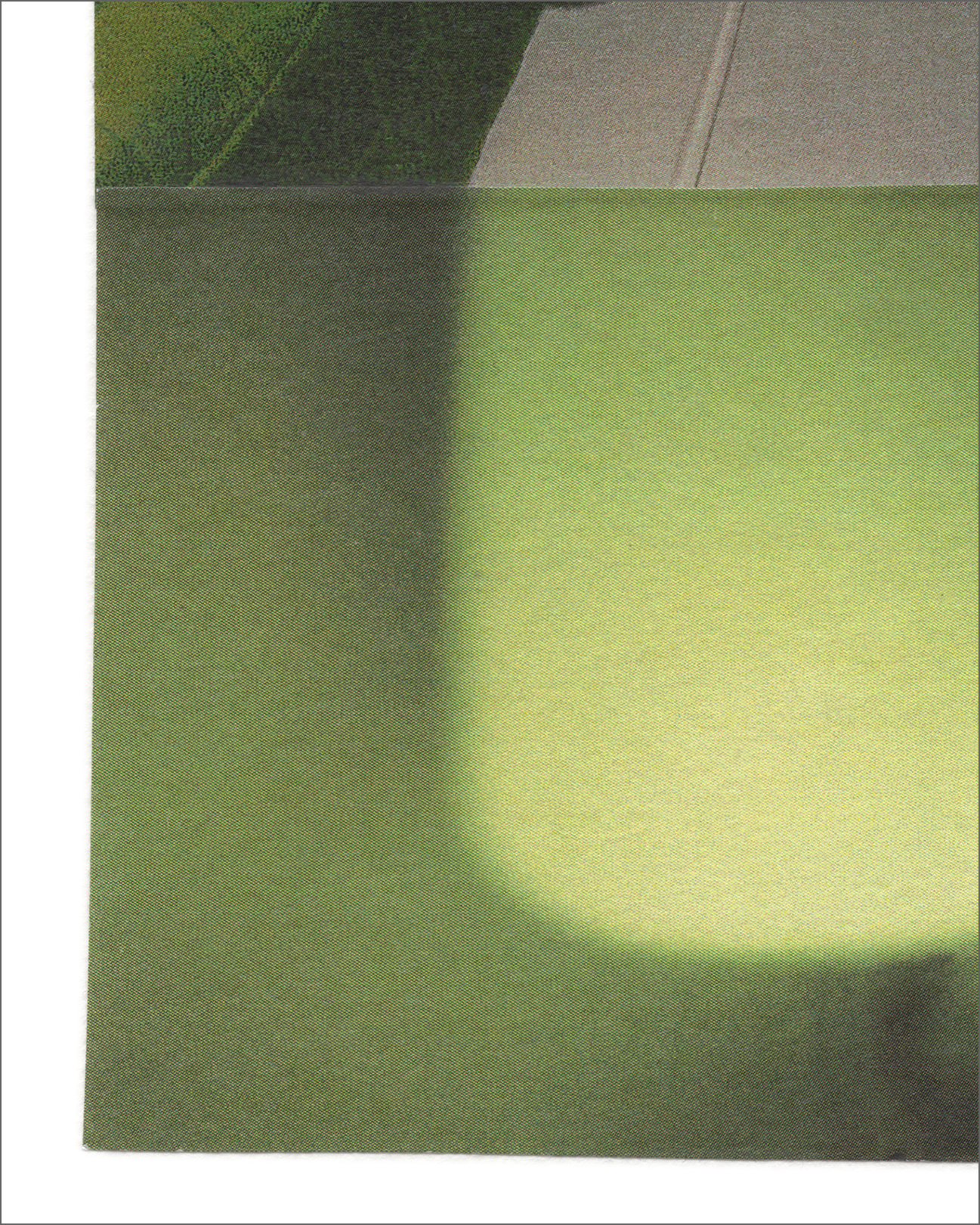 Abstract collage featuring two vertically stacked photographic fragments. The upper section shows a cropped, upside-down image of a woman on a green pillow with a red circular clock on a white wall above her head. The lower section displays a smooth gradient of green tones with soft lighting, creating a hazy, dreamlike effect.