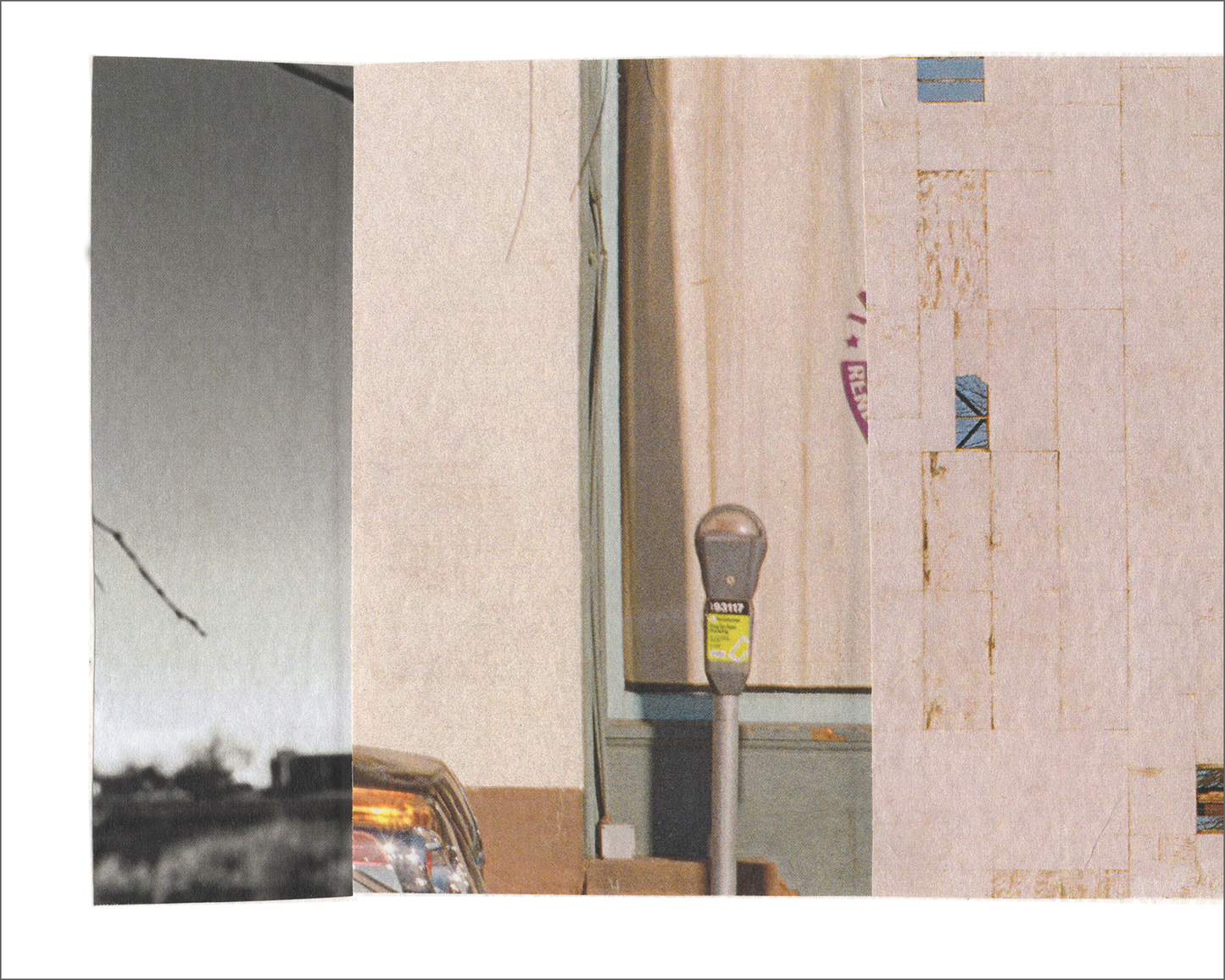 Horizontal photo collage with three fragments. The left fragment depicts a black and white scene in nature with a wide open sky. The center fragment features an urban street scene with a parking meter and the front headlight of a car. The right fragment shows an old abandoned blank billboard with trees in front, turned sideways.