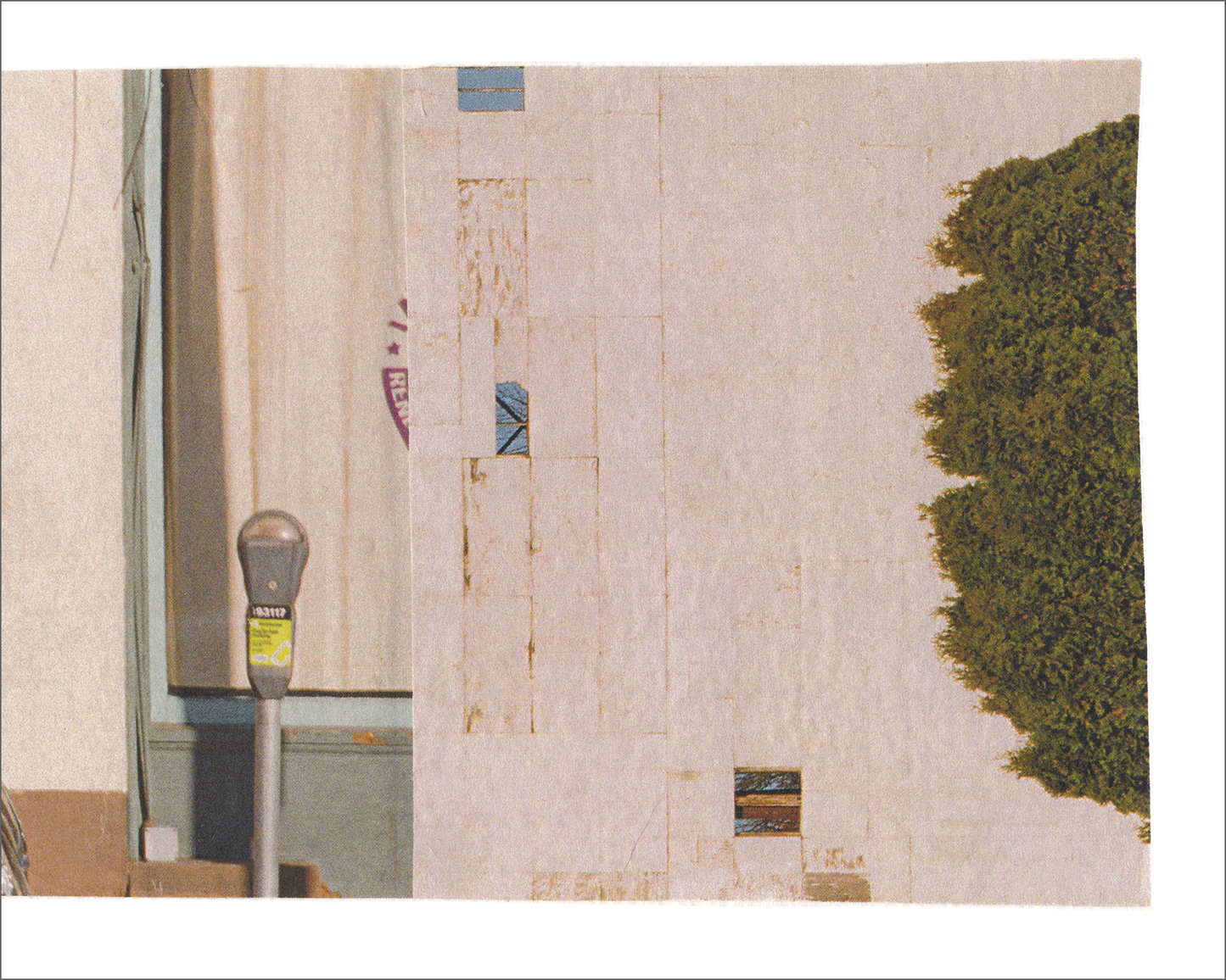 Horizontal photo collage with three fragments. The left fragment depicts a black and white scene in nature with a wide open sky. The center fragment features an urban street scene with a parking meter and the front headlight of a car. The right fragment shows an old abandoned blank billboard with trees in front, turned sideways.