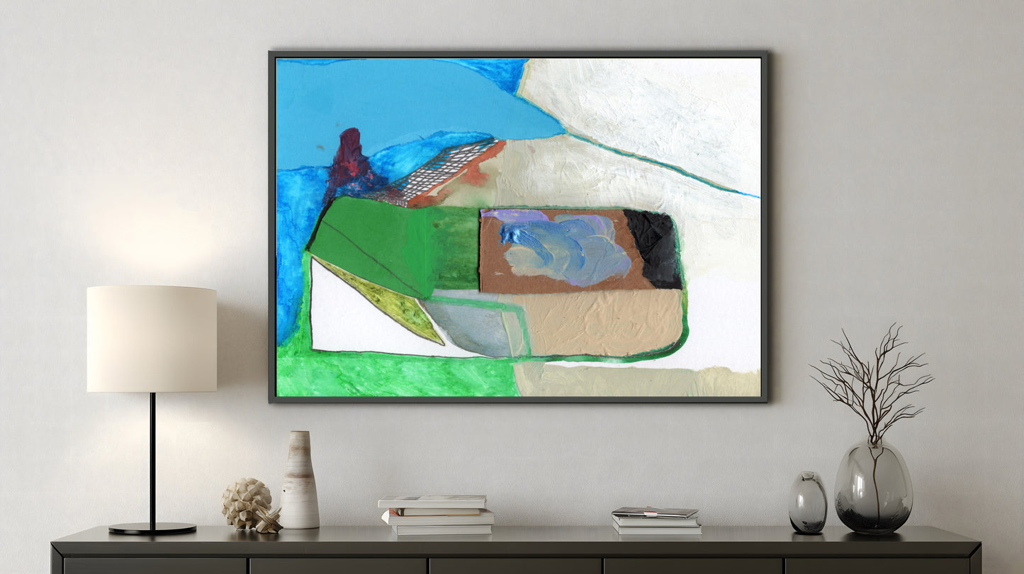 An abstract framed painting hangs on a light gray wall above a dark console table. The artwork features bold blocks of blue, green, beige, brown, and white.