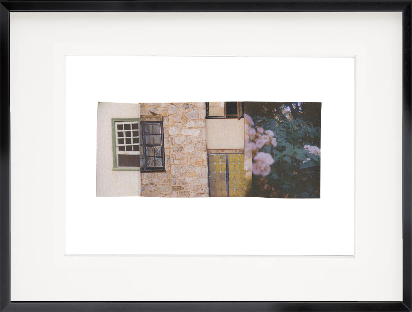 A horizontal photo collage that seamlessly combines fragments of urban window imagery with a pale pink garden of roses.