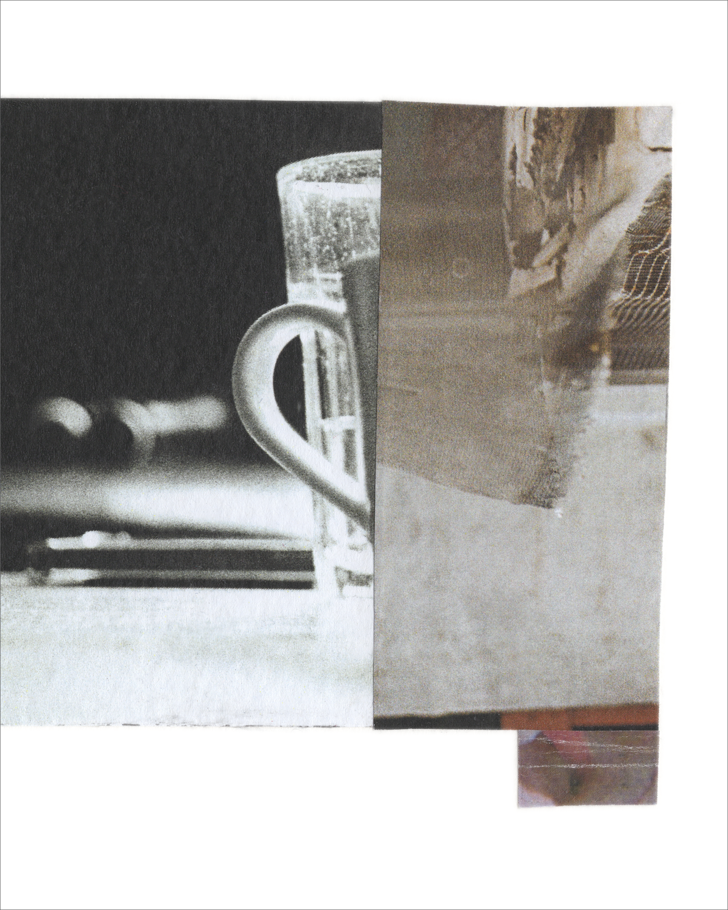 Photo collage featuring a black-and-white glass and mug on a table, layered with textured and color-block elements in dark purple and neutral tones.