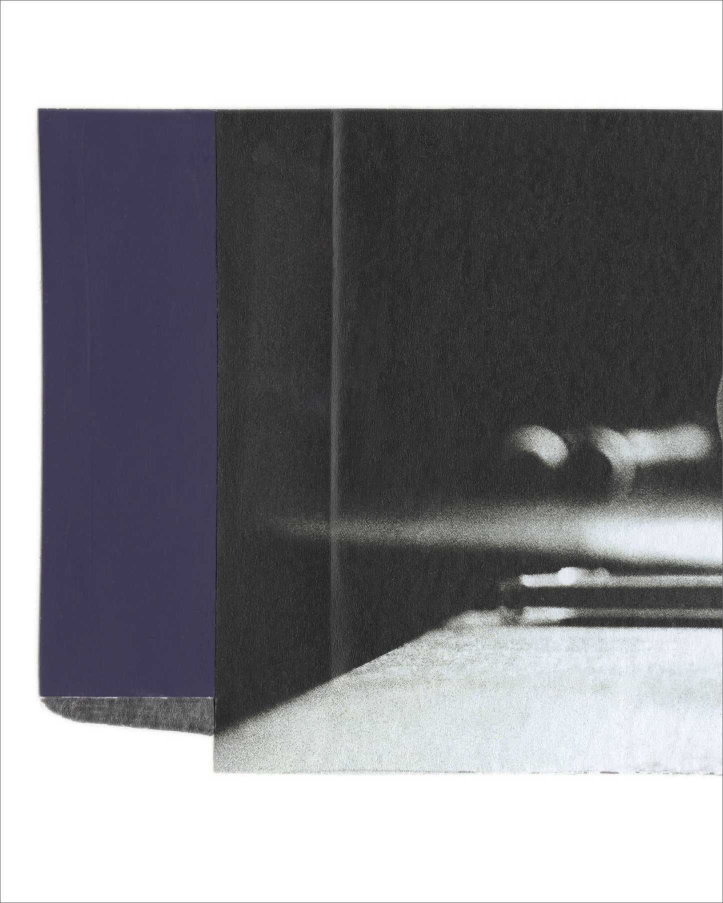 Photo collage featuring a black-and-white glass and mug on a table, layered with textured and color-block elements in dark purple and neutral tones.