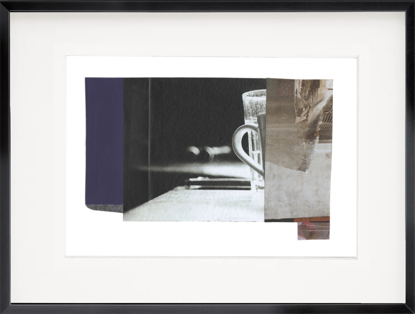 Photo collage featuring a black-and-white glass and mug on a table, layered with textured and color-block elements in dark purple and neutral tones.