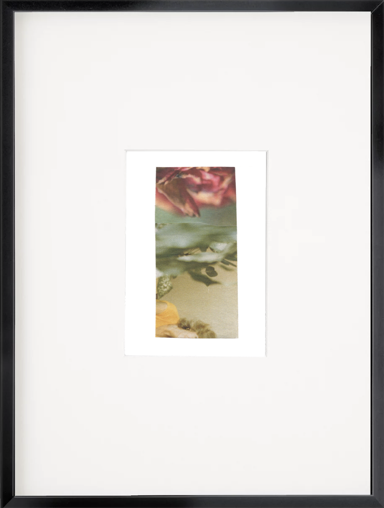 Abstract vertical collage in gold, yellow, red, rose, pink, and green tones with soft, dreamy textures and layered photography in a black frame.