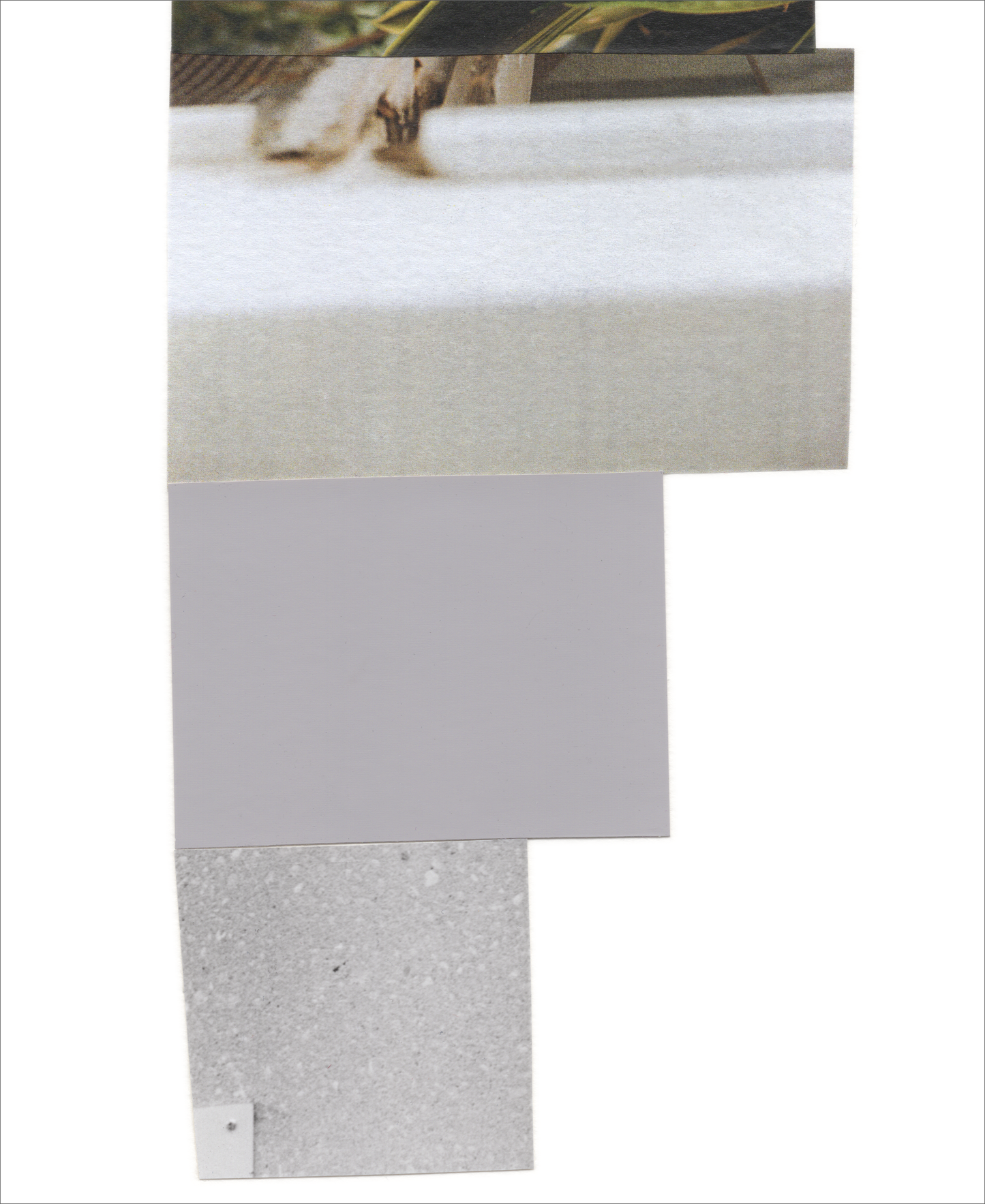 A vertical abstract photo collage with soft hues of monochromatic grays and muted greens. This collage features choppy edges and snippets of imagery cascading down, narrowing as it goes. This piece combines photo fragments of leaves and softly blurred architectural imagery, with graphite mark-making and flat geometric shapes.