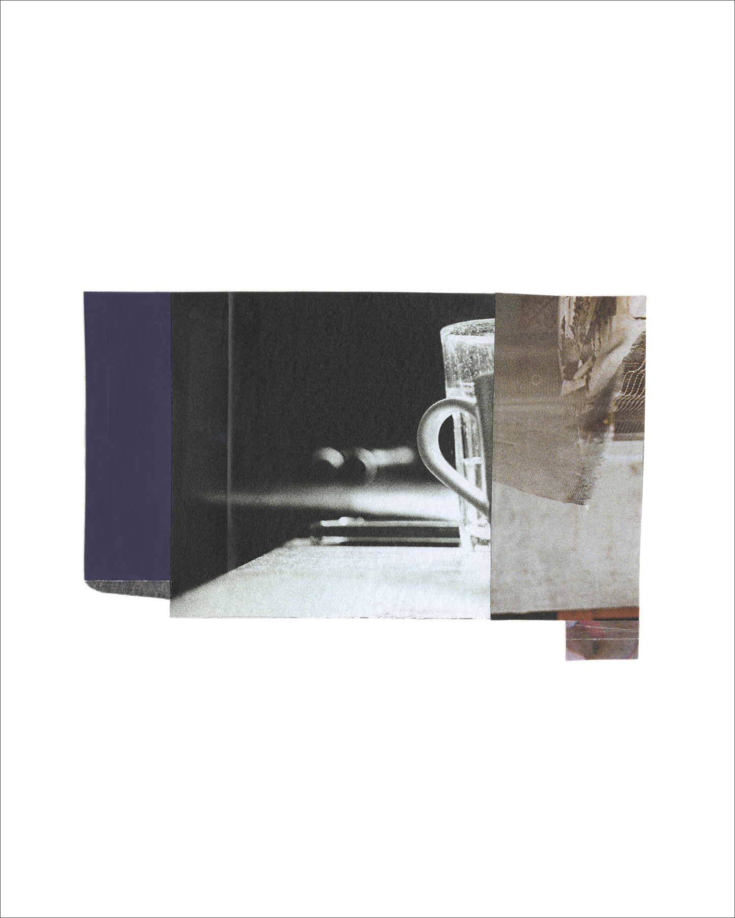 Photo collage featuring a black-and-white glass and mug on a table, layered with textured and color-block elements in dark purple and neutral tones.