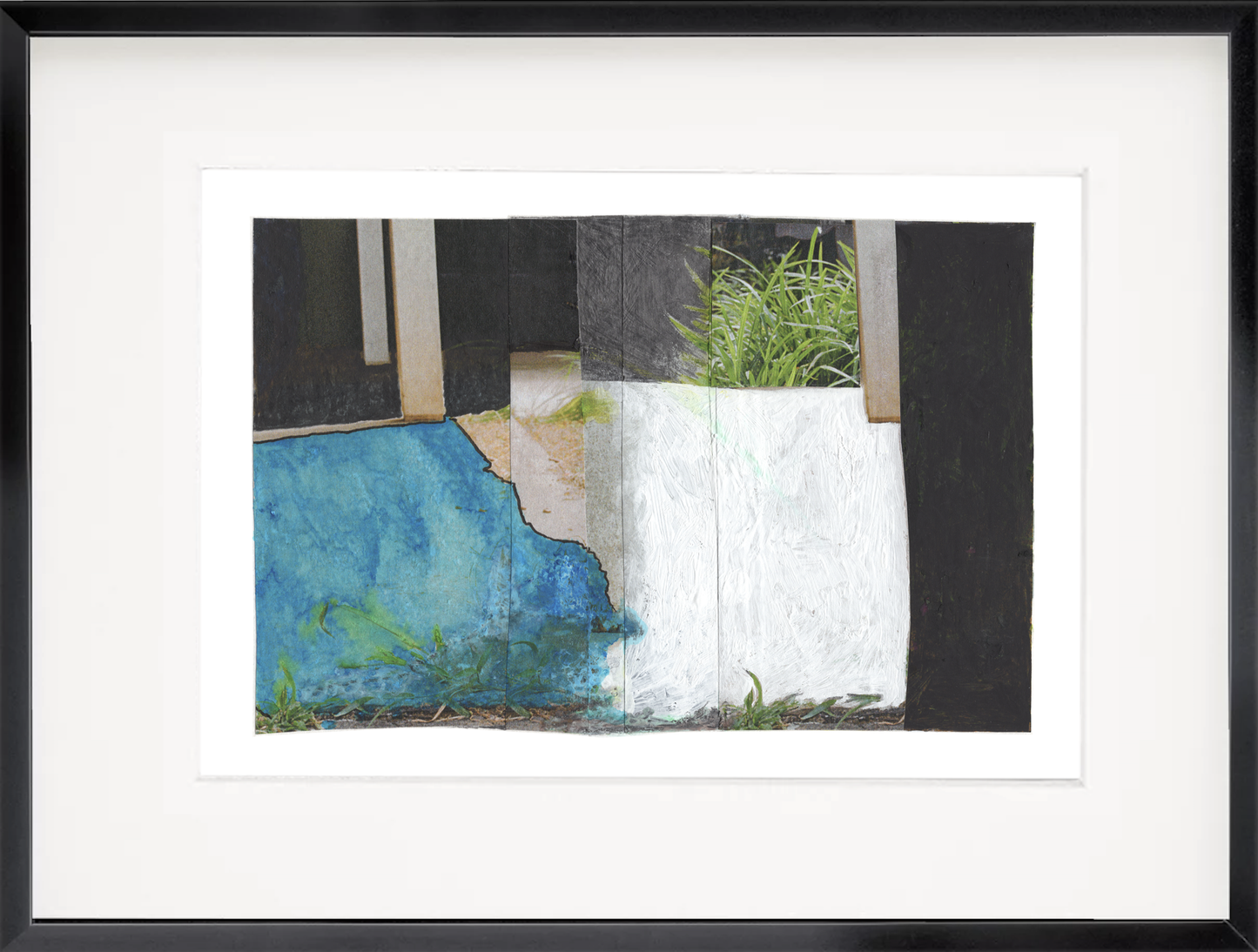 Horizontal abstract photo collage with a field of turquoise blue on the left and a painterly area of white on the right. Photos of green plants flank the top of the color blocks, with areas of black and columns of beige on the left and right of this composition.