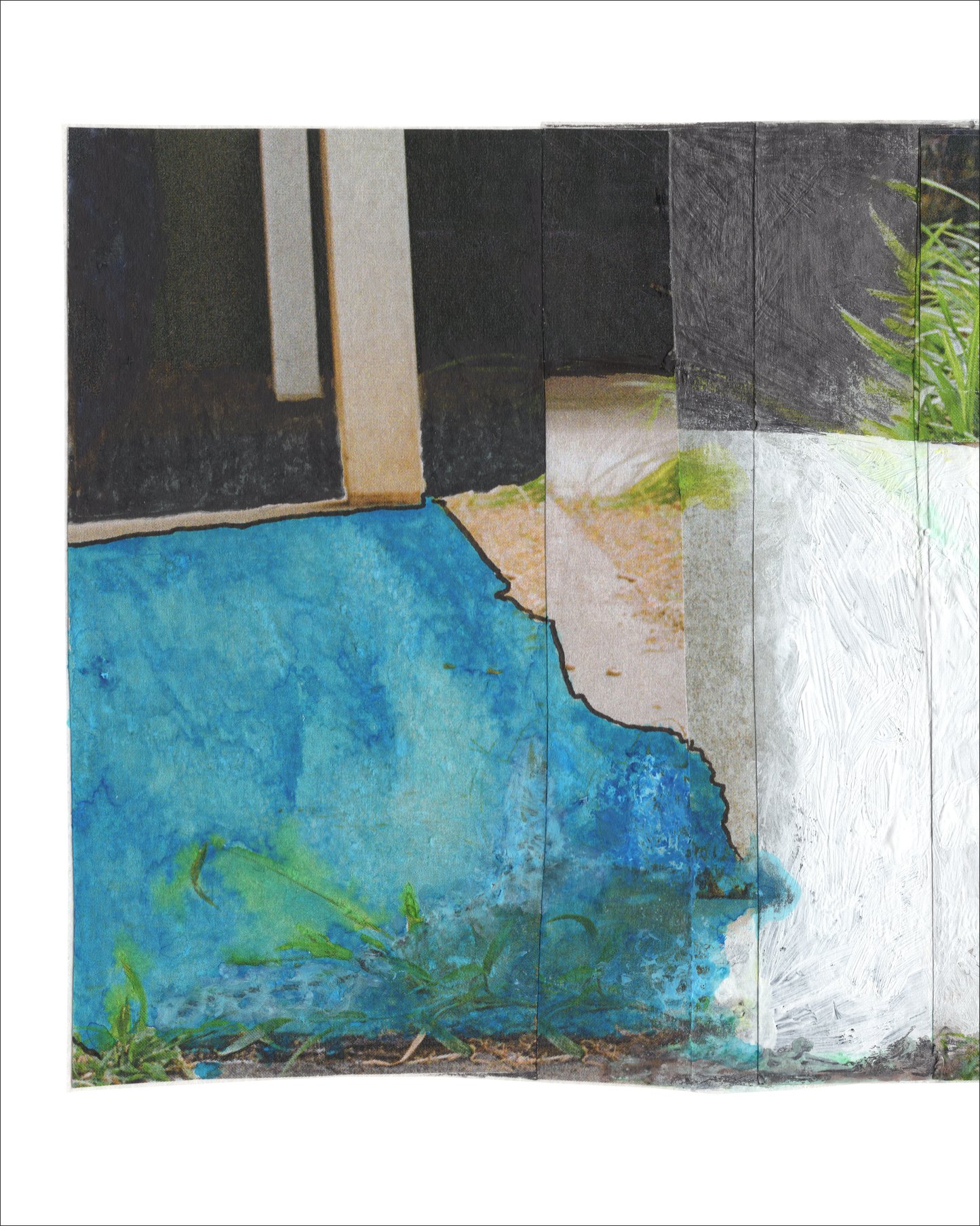 Horizontal abstract photo collage with a field of turquoise blue on the left and a painterly area of white on the right. Photos of green plants flank the top of the color blocks, with areas of black and columns of beige on the left and right of this composition.