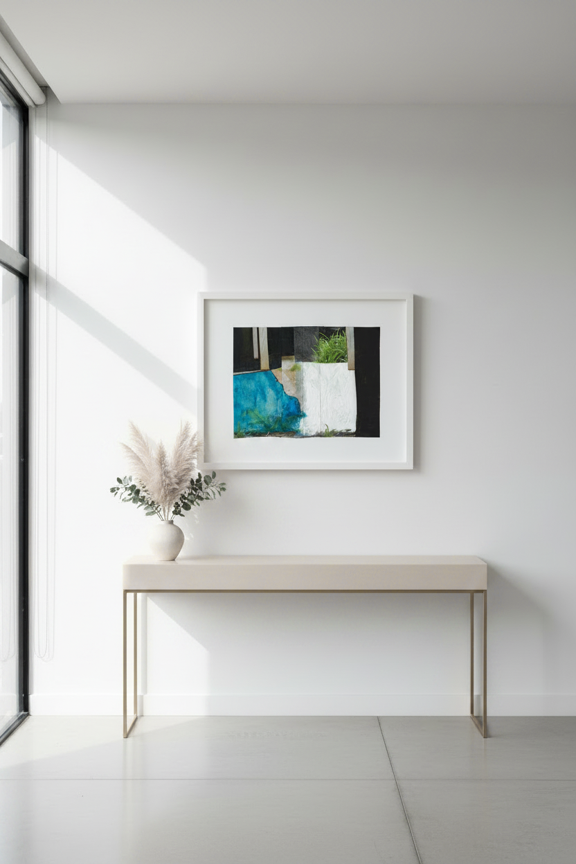 A framed abstract art print with blue, white, and black tones hangs on a white wall above a minimalist beige console table with gold legs in a bright, modern room.