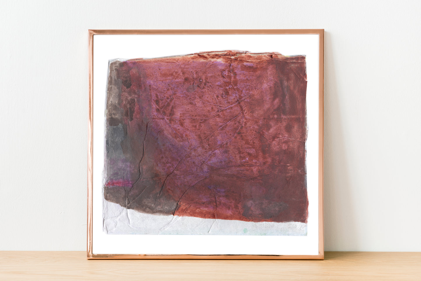 Paper Dream 11, an abstract landscape art print by Libby Saylor, featuring a bold color block of mauve, rose, and lavender hues grounded by a slender white horizontal strip at the bottom of this composition.