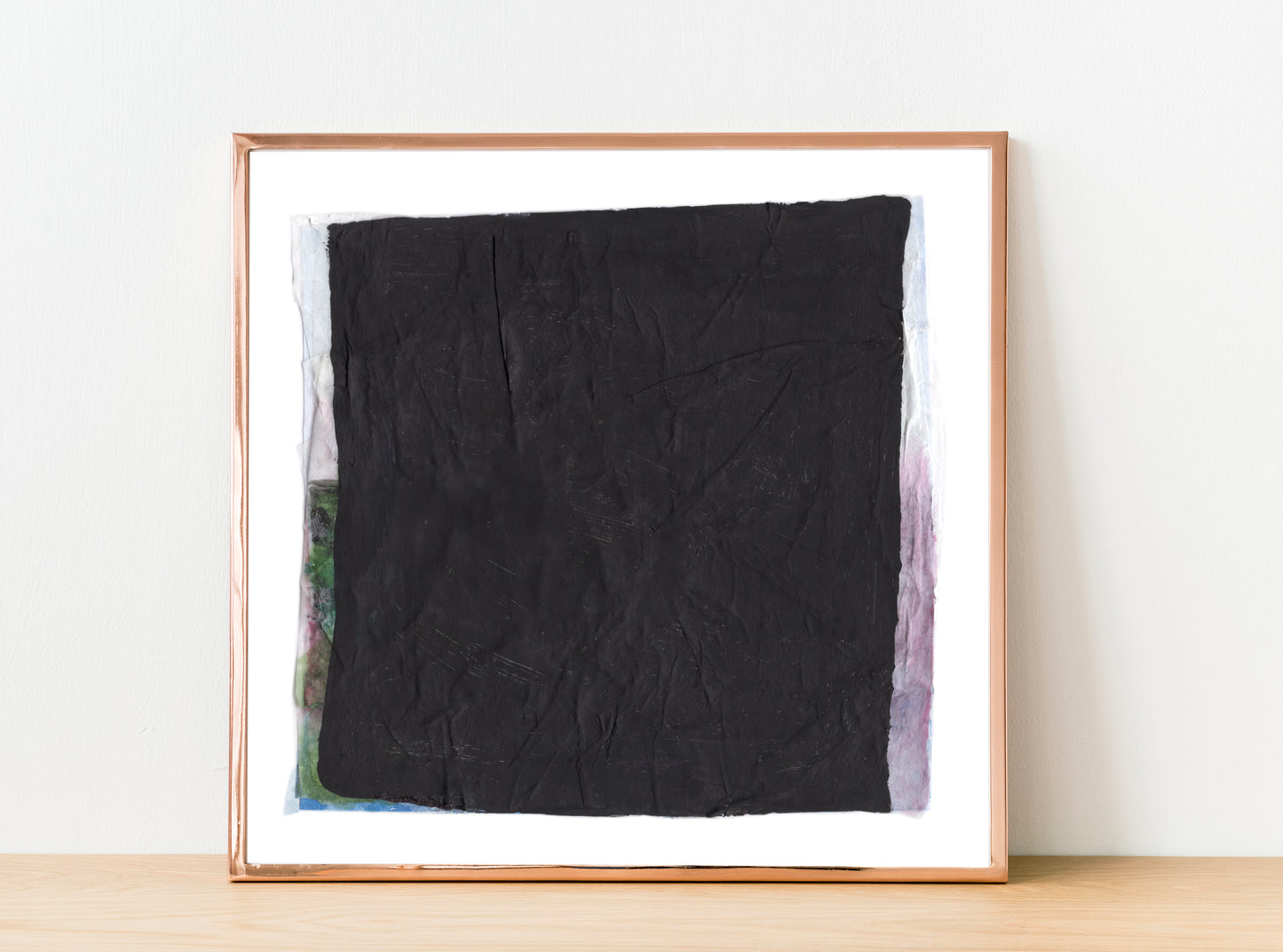 Paper Dream 7 - a bold and textural abstract art print by Libby Saylor featuring black as the prominent color with subtle hints of pastels around the edges, perfect for minimal interiors.