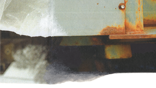 photo collage detail with black, sage green, rust, and gray and white painterly details.