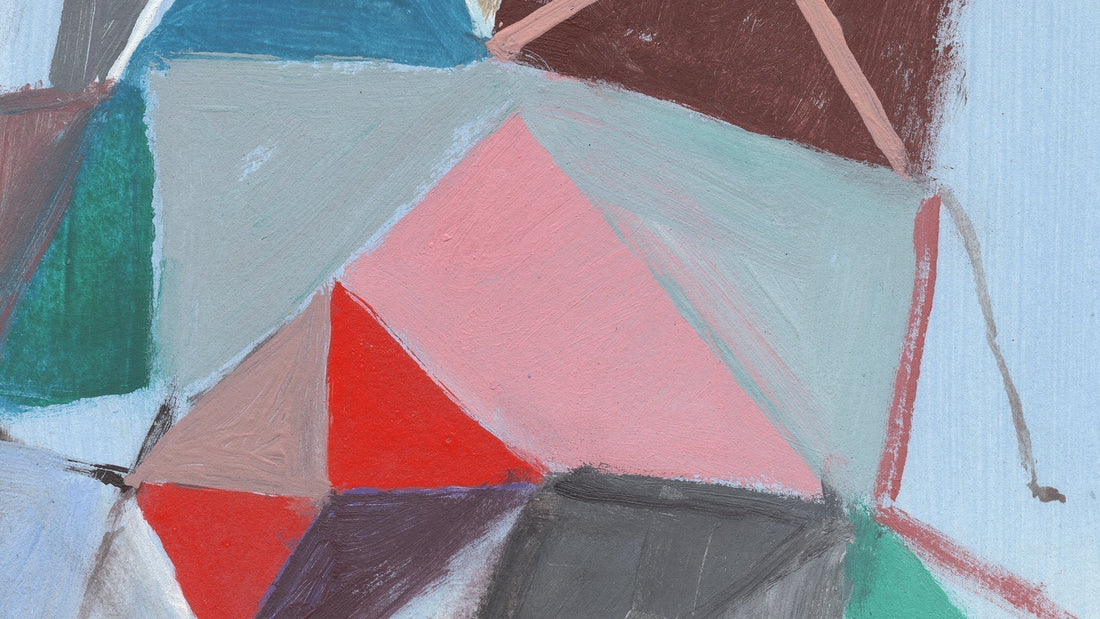 Abstract painting detail with blue, red, and green geometric shapes.