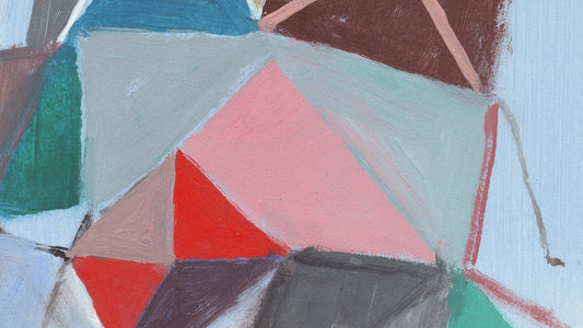 Abstract painting detail with blue, red, and green geometric shapes.