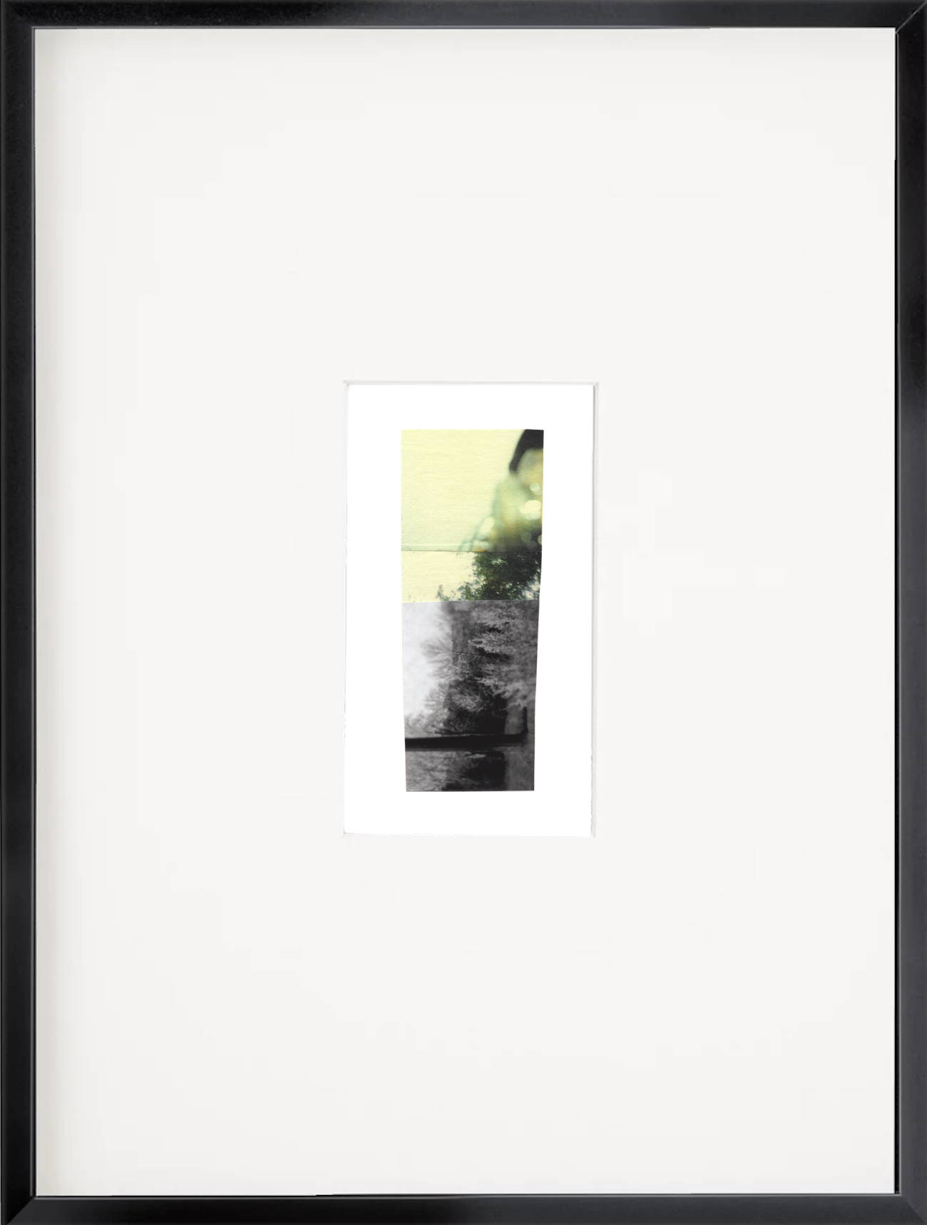 Yellow, green, and black & white photo collage with abstract forms and dreamy details in a black frame.