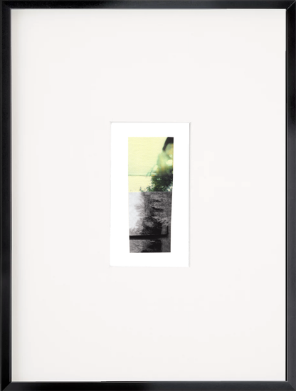 Yellow, green, and black & white photo collage with abstract forms and dreamy details in a black frame.