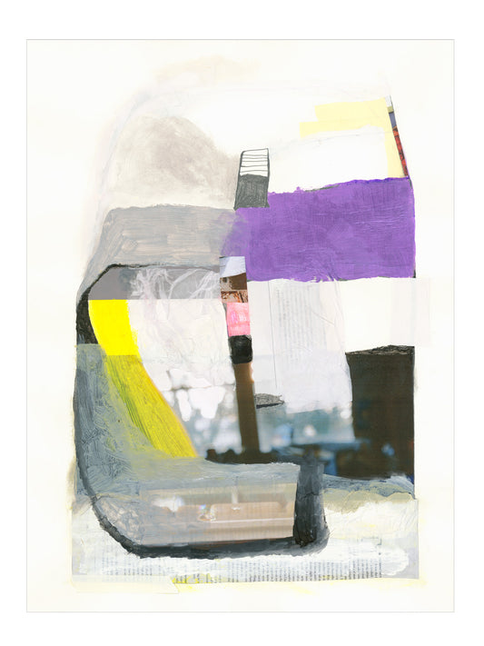 Original mixed media work on paper by Libby Saylor, 18x24 inches, abstract collage with purple, yellow, gray, and black