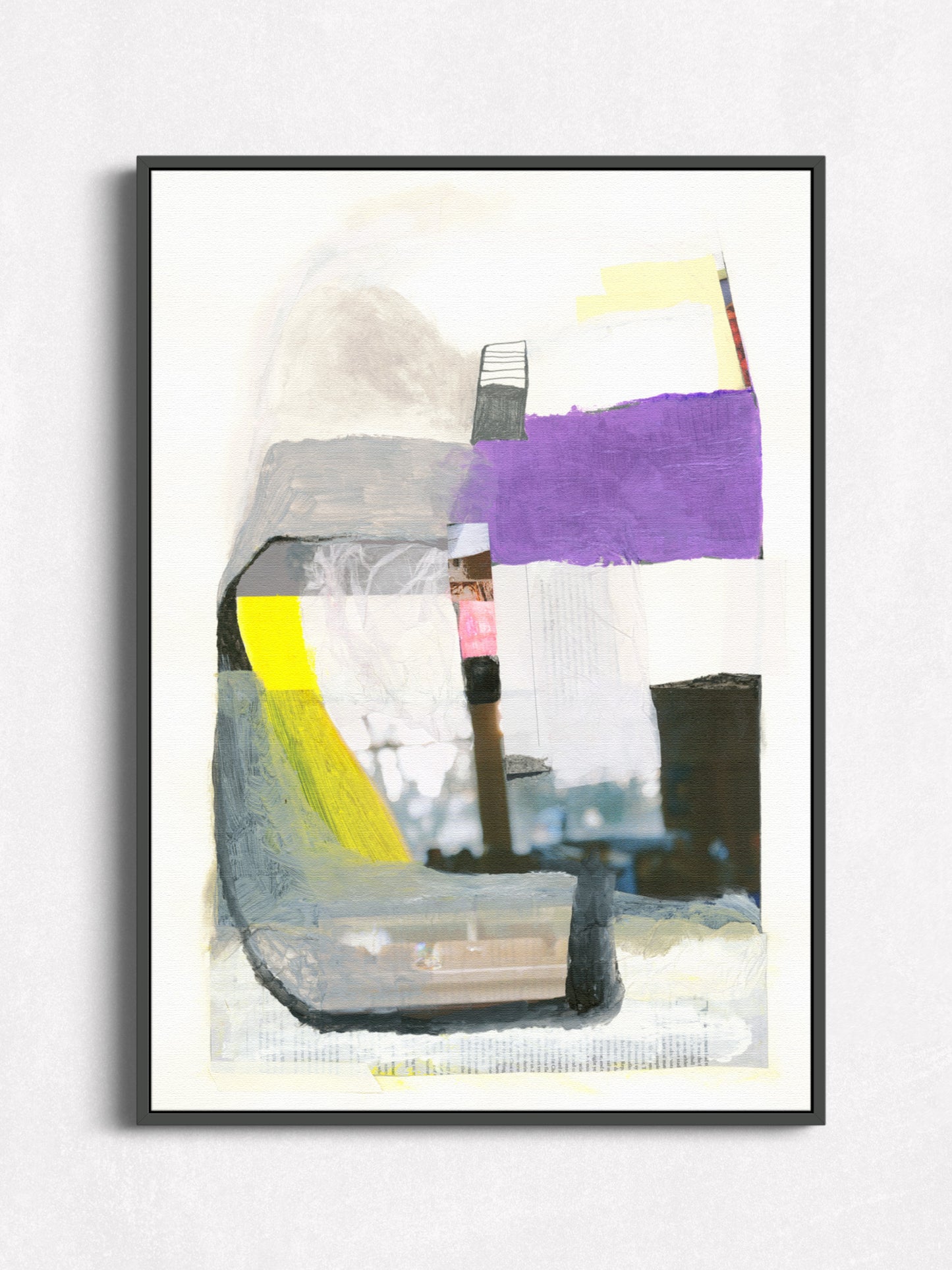 Purple, yellow, black, and white abstract art print in black wood floater frame on white wall.