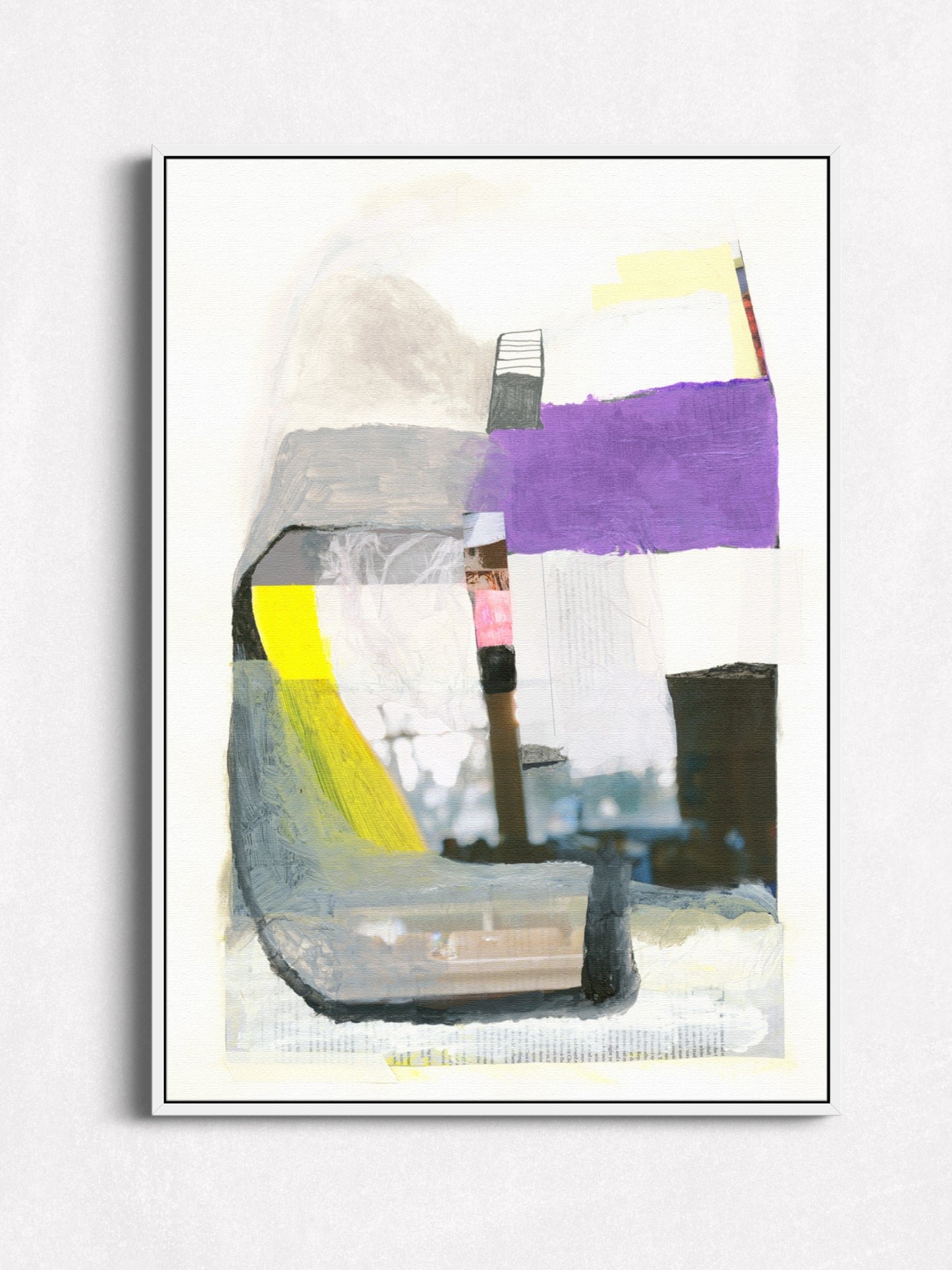 Purple, yellow, black, and white abstract art print in white wood floater frame on white wall.
