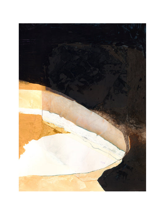 Abstract painting with black, white, and gold colors