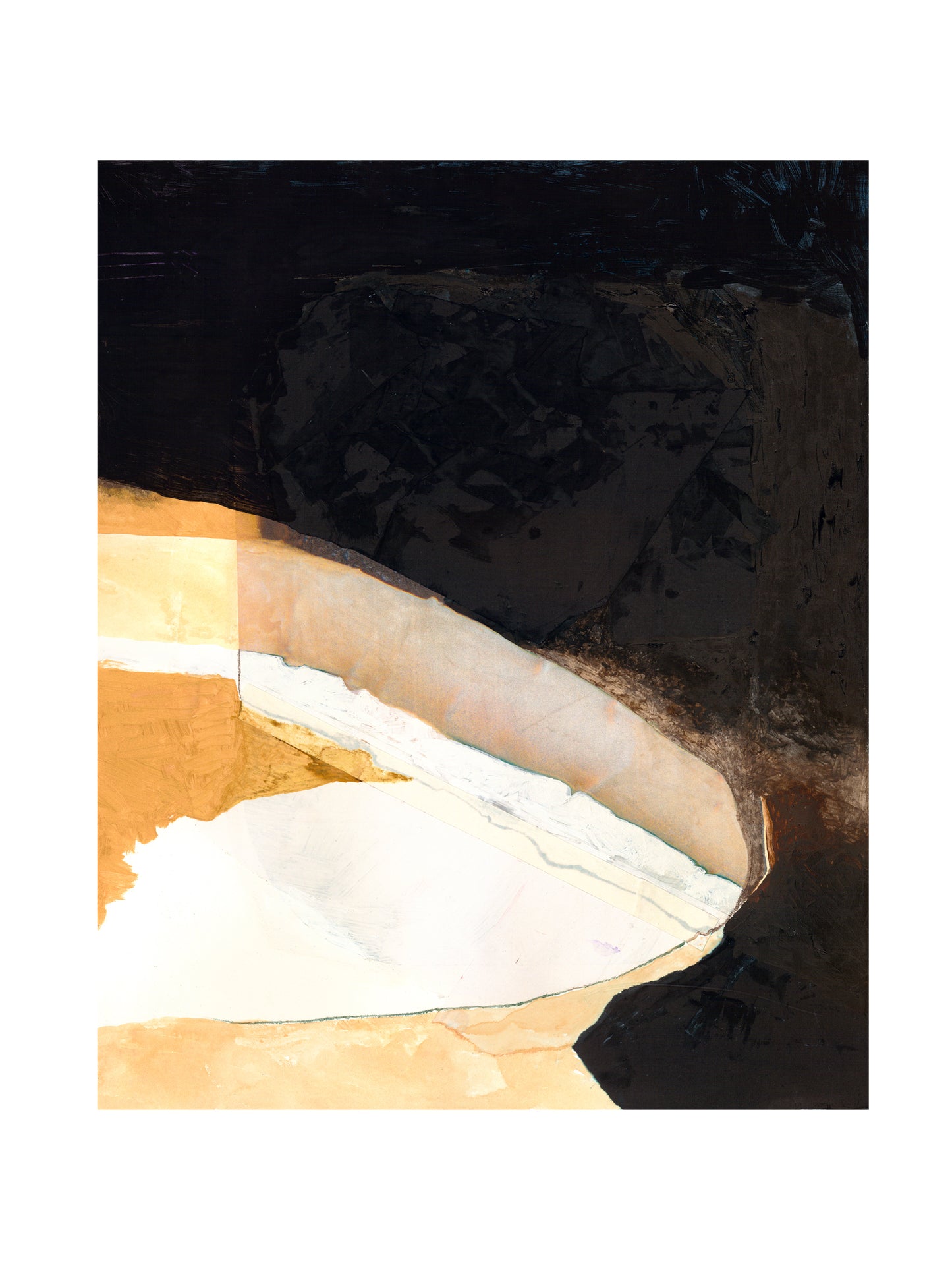 Abstract painting with black, white, and gold colors