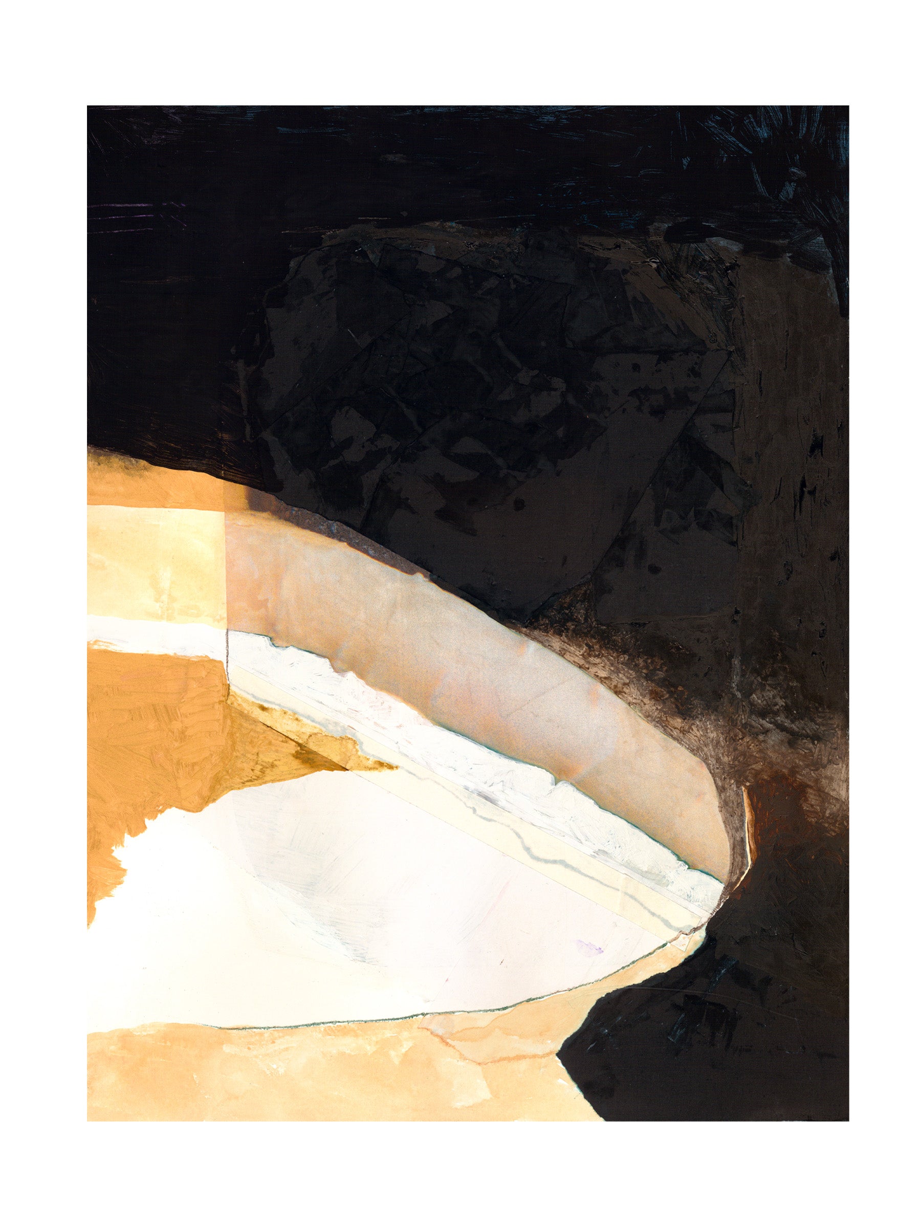 Abstract painting with black, white, brown, and gold colors