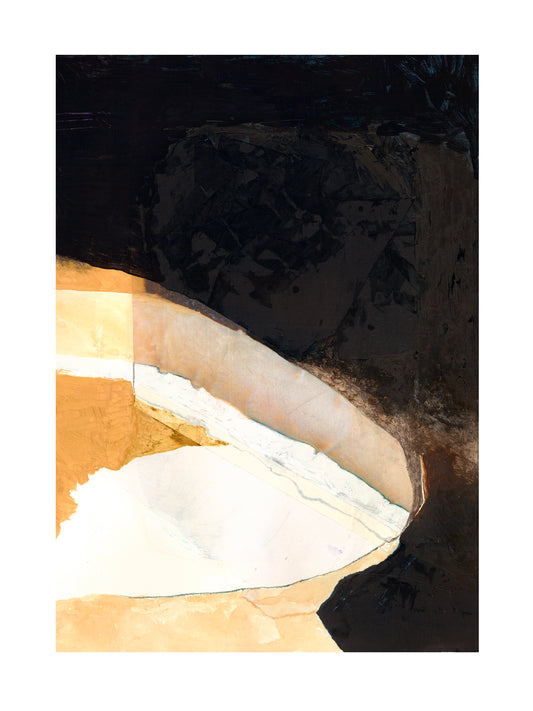 Abstract art with black, white, and gold colors on a dark background