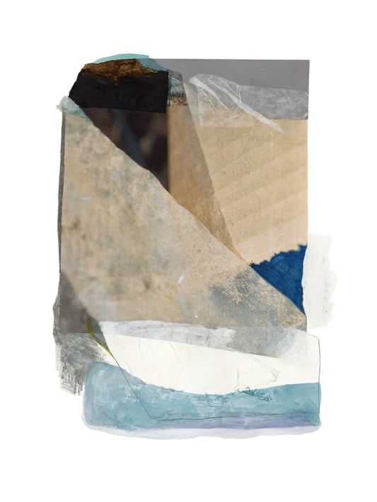 Abstract art piece with geometric shapes in black, beige, blue, and white on a white background