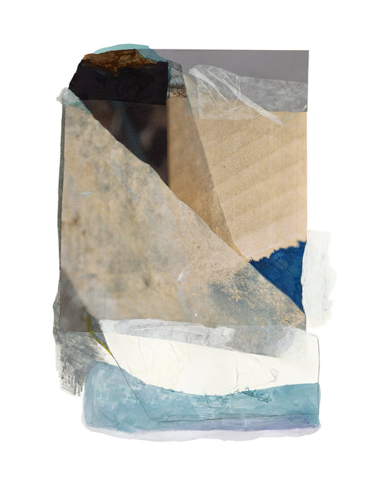 Abstract art piece with geometric shapes in black, beige, blue, and white on a white background