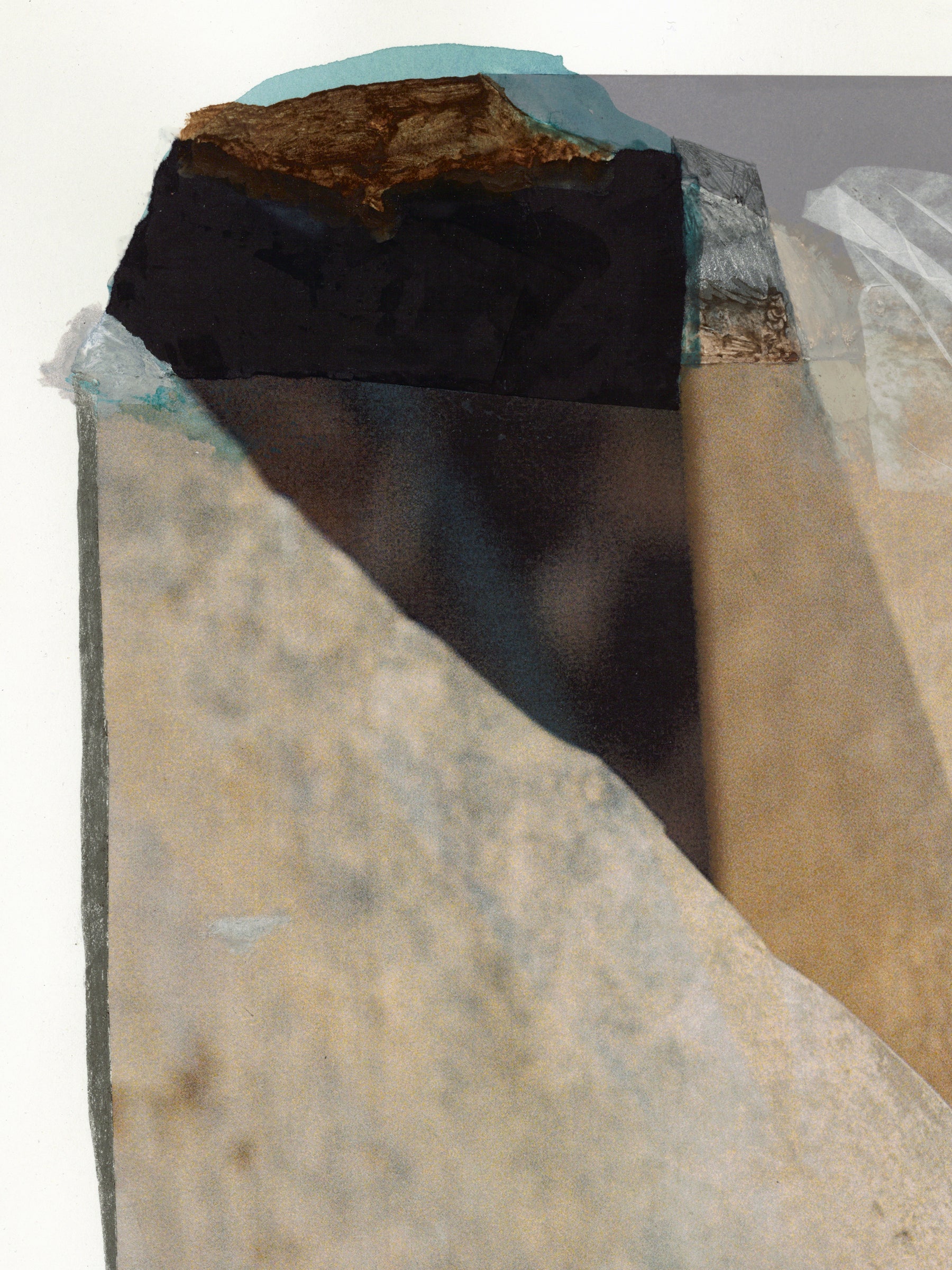 Close-up of a textured painting with black, beige, and gray colors.