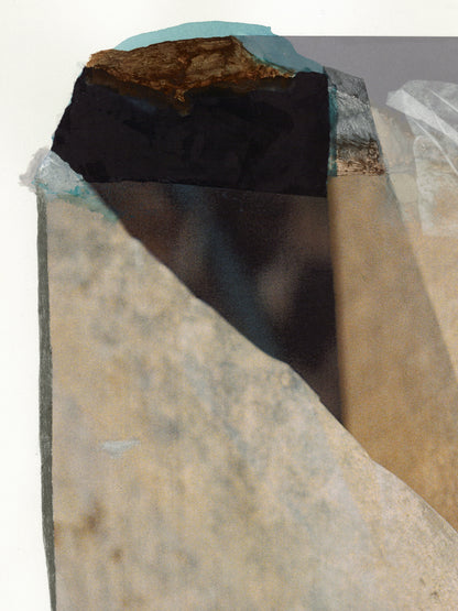 Close-up of a textured painting with black, beige, and gray colors.