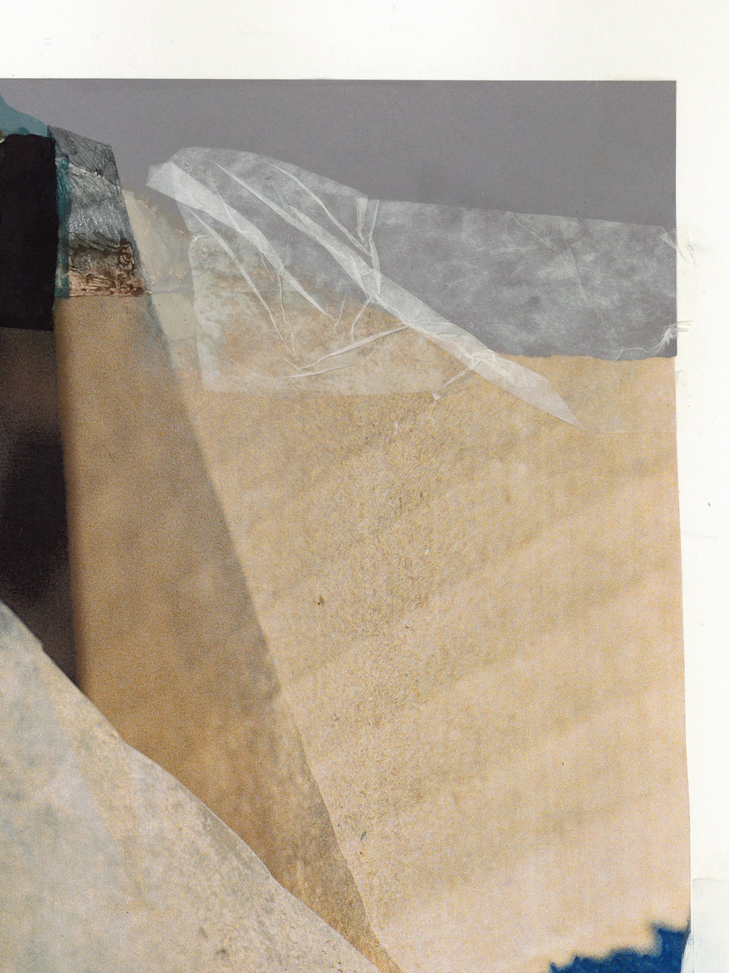Close-up of a textured painting with black, beige, and gray colors and white tissue paper.