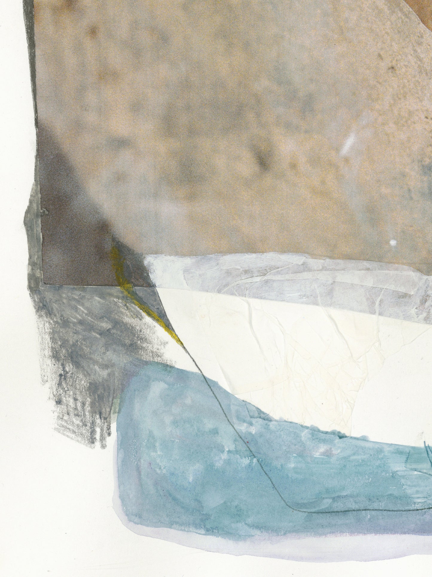 Close-up of a textured painting with beige, white, gray, and aqua. 