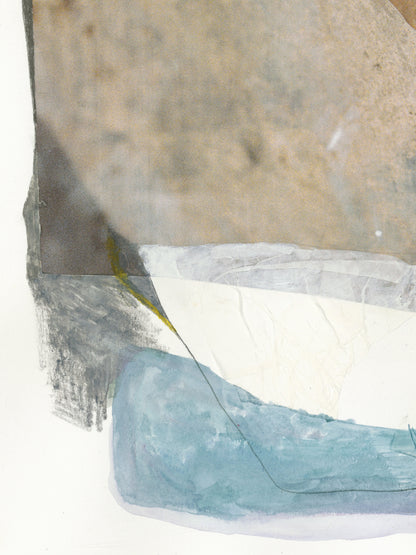 Close-up of a textured painting with beige, white, gray, and aqua. 