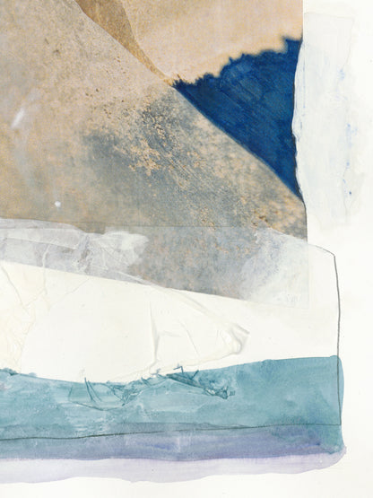 Abstract art detail with blue, beige, and white colors on a textured surface.