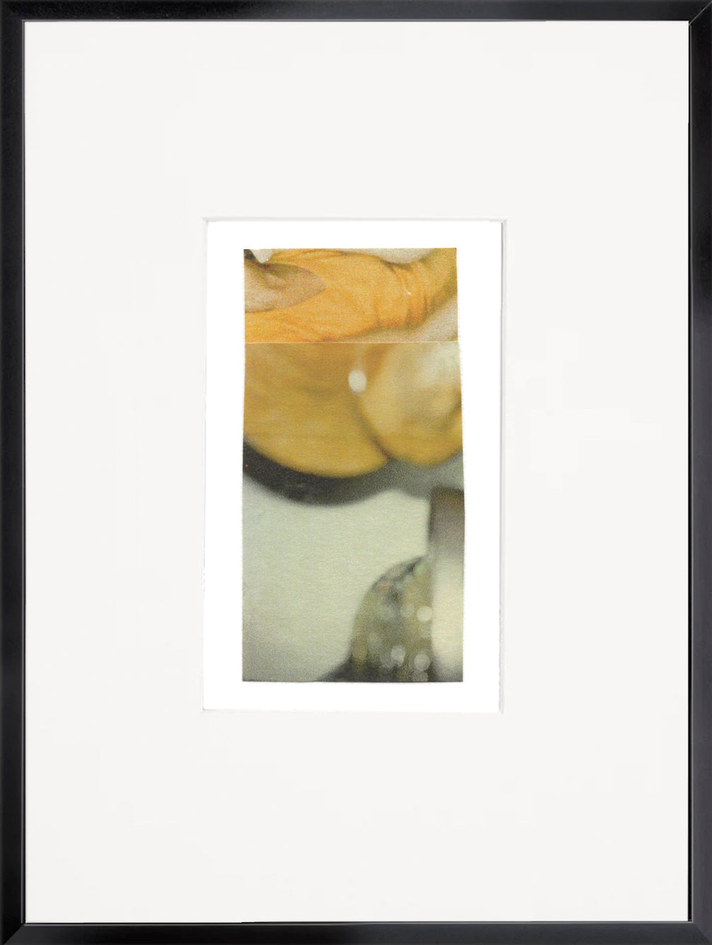 Abstract photo collage artwork with warm golden-yellow tones and soft grayish green and white elements in a black frame.