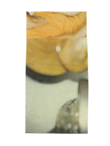 Abstract photo collage artwork with warm golden-yellow tones in upper portion blending into soft grayish green and white elements below, creating luminous atmospheric layers.