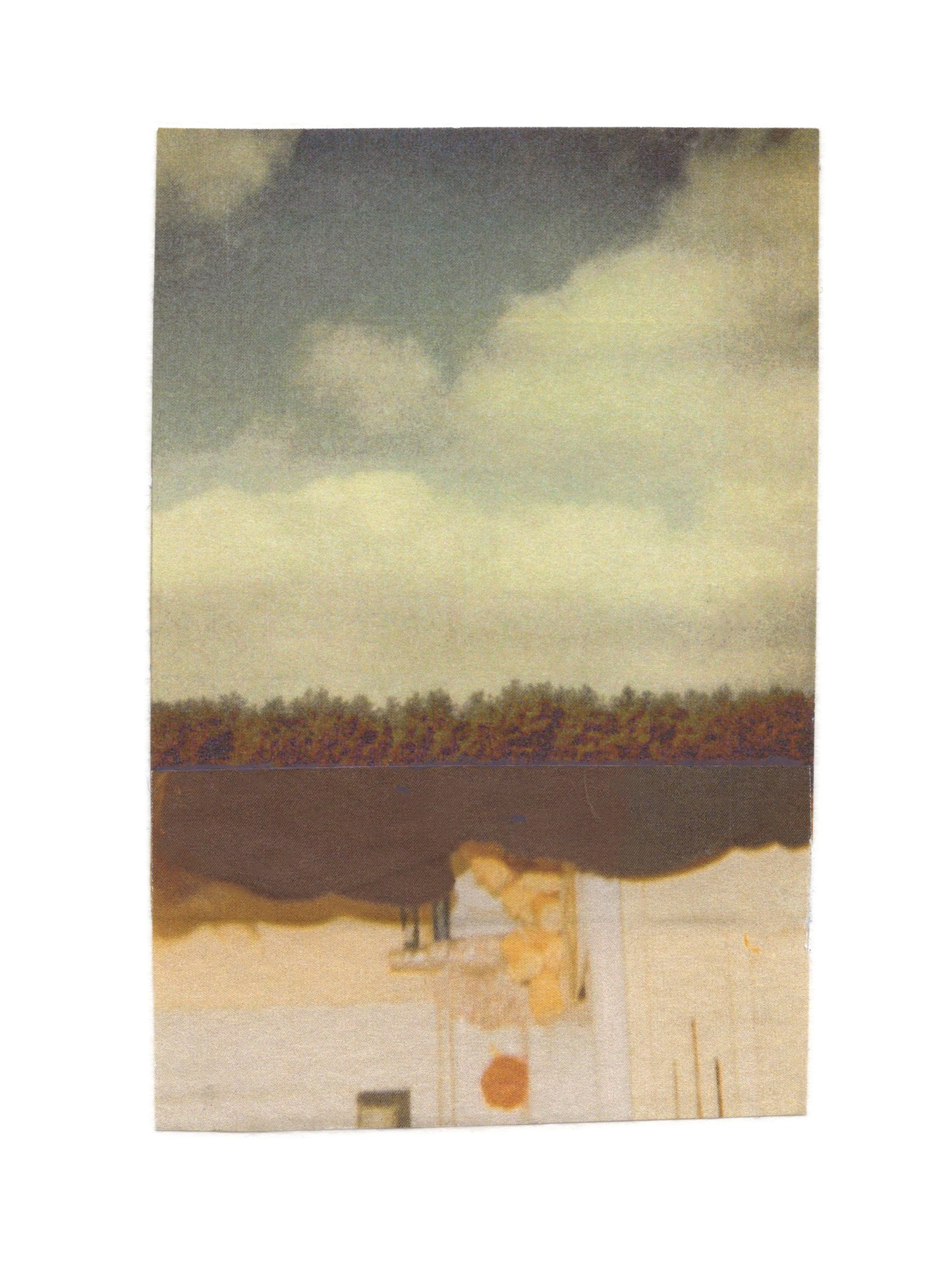 Abstract photo collage artwork featuring stormy gray clouds over a landscape with dark water, autumn treeline, and geometric architectural elements in warm ochre and cream tones.