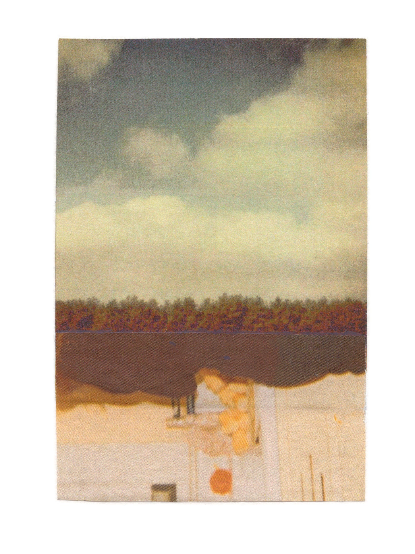 A vertical art print or painting depicting a moody landscape with a cloudy sky, a dark tree line, and a pale foreground with abstract human figures and a small orange shape.