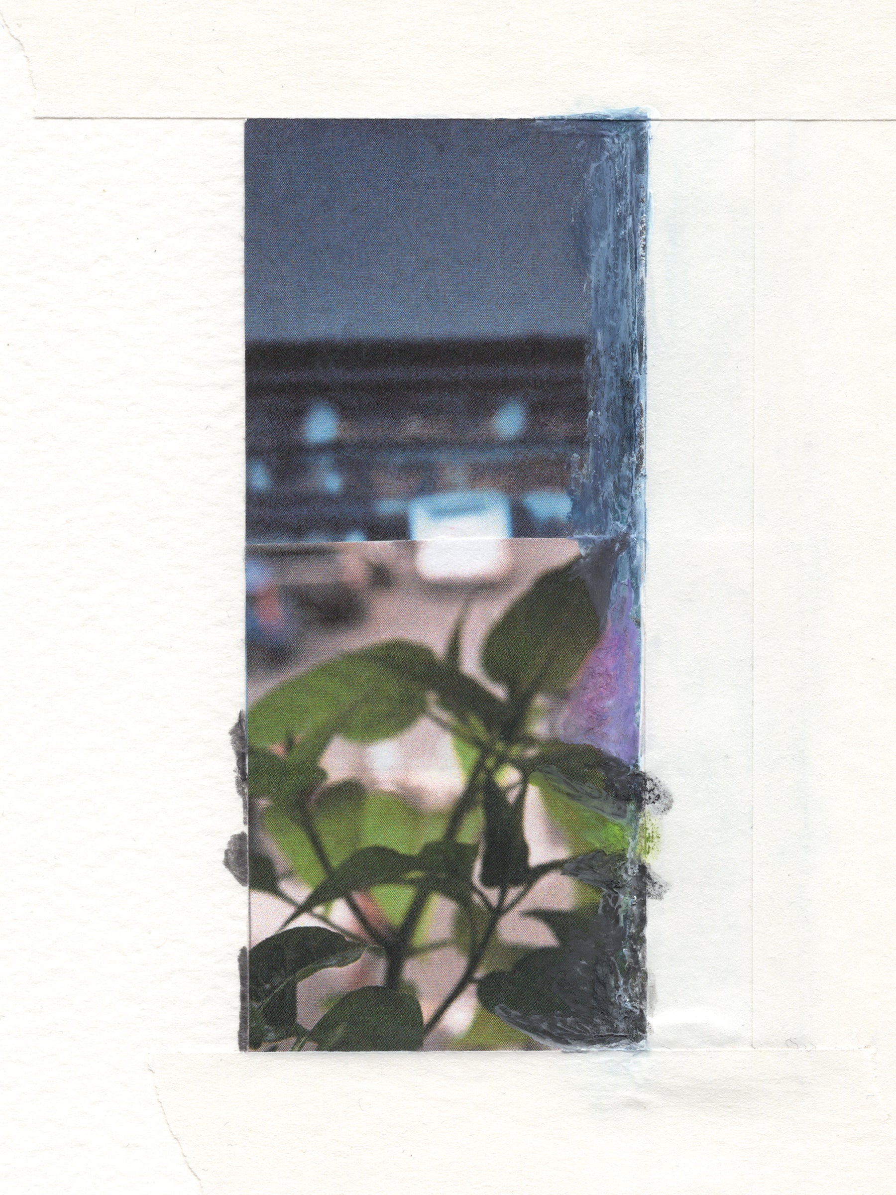 Mixed media collage with deep blue-gray painted surfaces, green botanical leaves, and architectural photographic elements framed by white tape with paint spilling beyond edges.