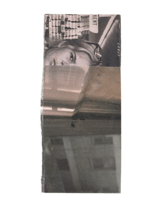 Black and white photo collage of a woman with a cityscape background.