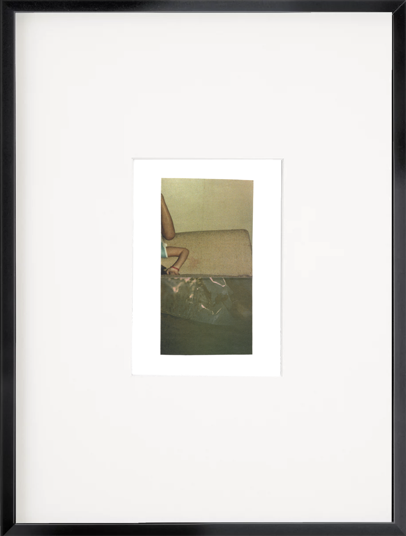 Abstract photo collage featuring a figure by a pool with deep olive-green and soft cream architectural elements in a black frame