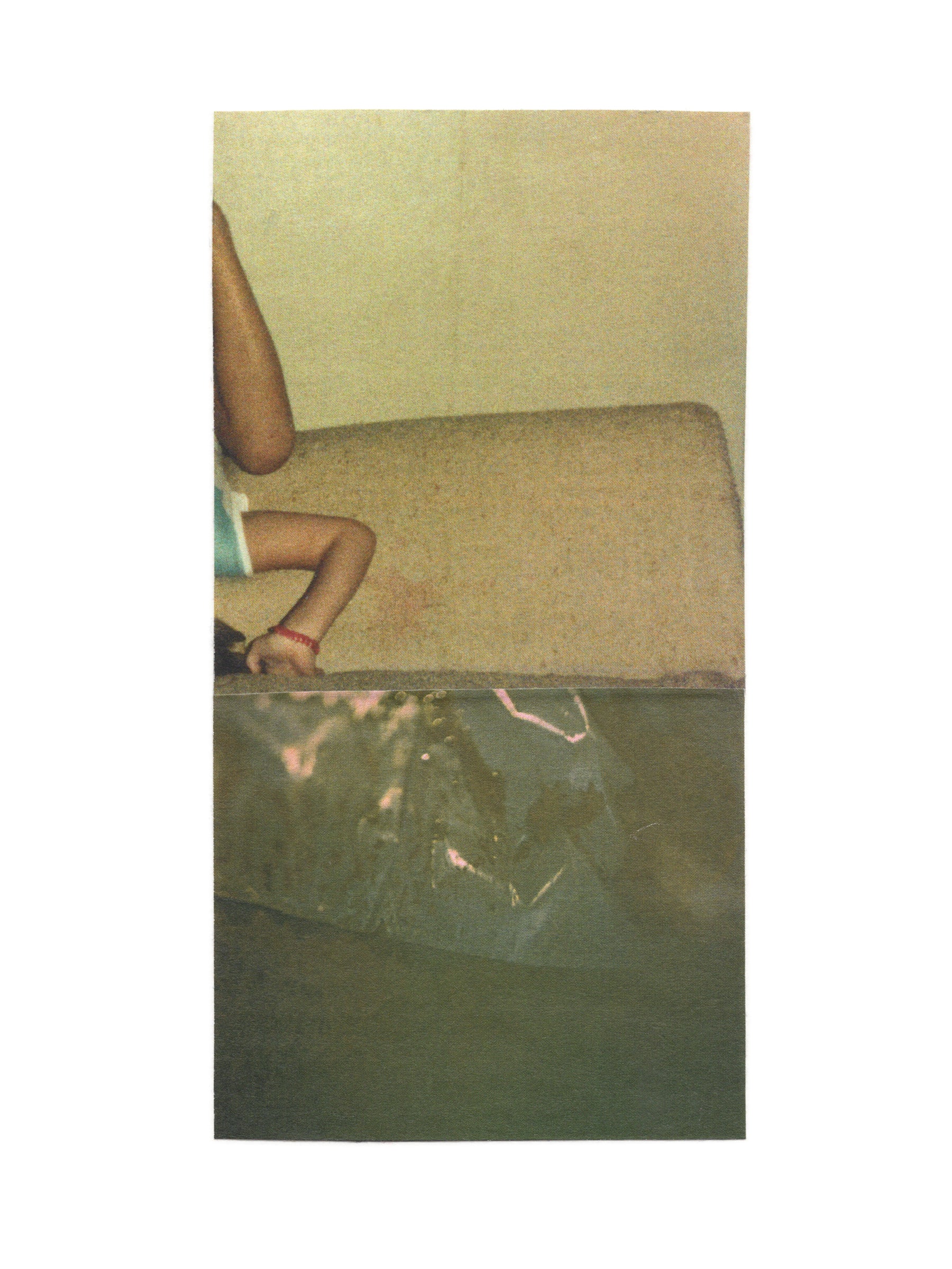 Abstract photo collage art with an upside down small child and greenish textures.