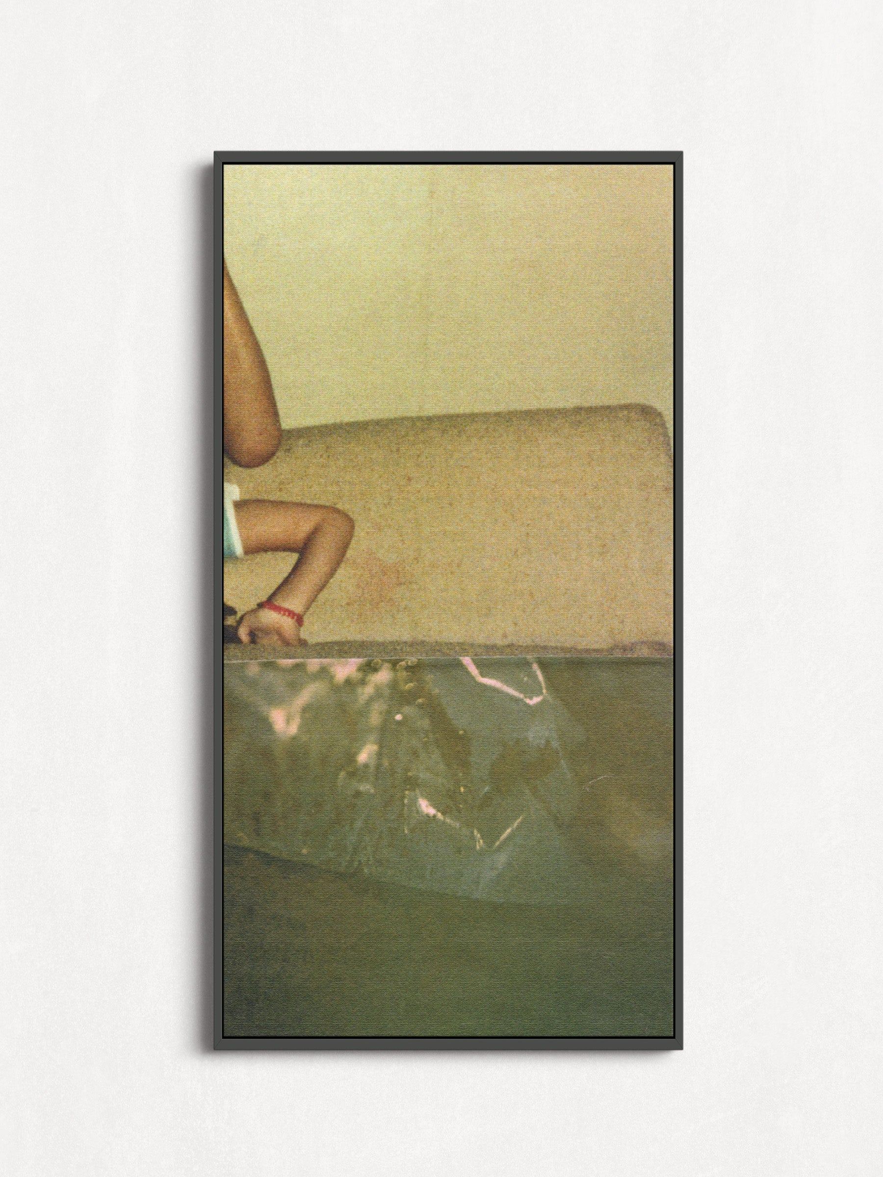 Framed print of sage green abstract photo collage with an upside down small child.