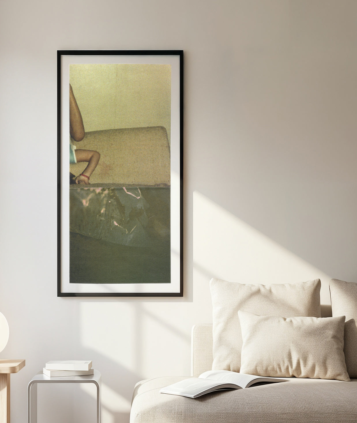 Framed print of sage green abstract photo collage with an upside down small child.