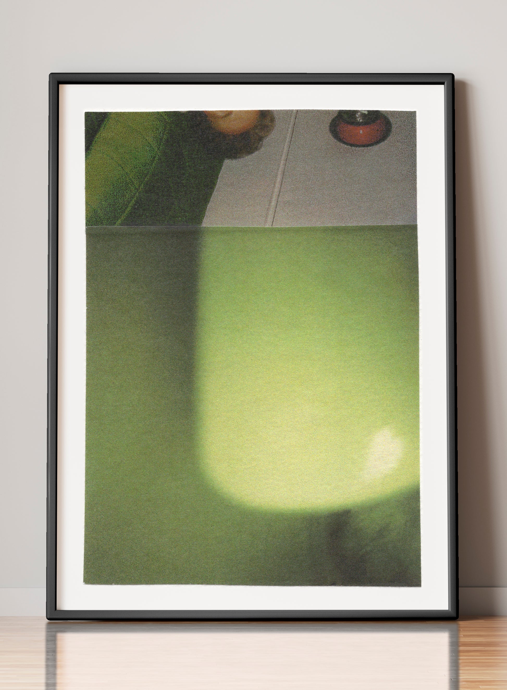 Framed print of green abstract mixed media photo collage art.