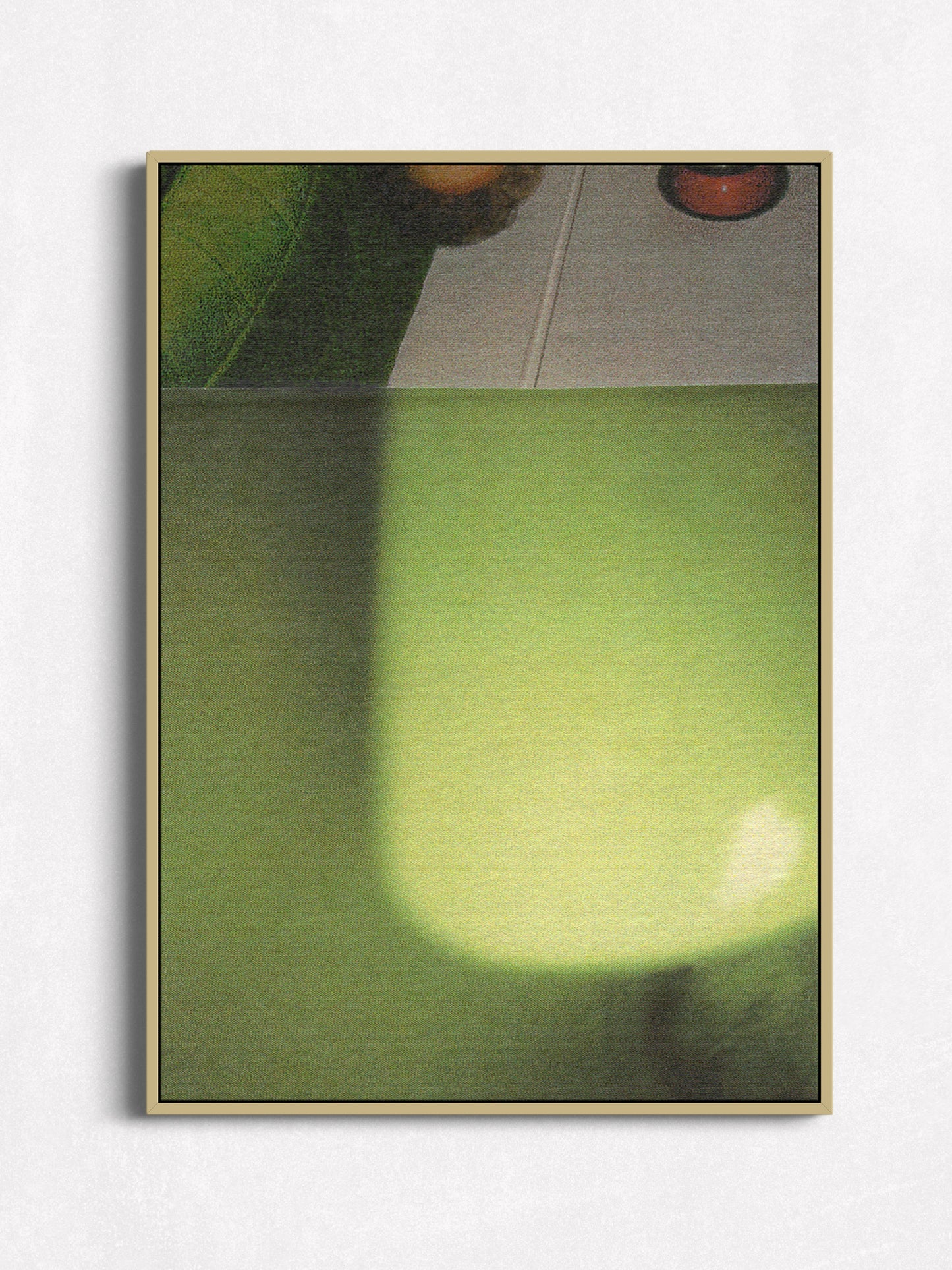 Canvas print of green and gray abstract mixed media photo collage art in an oak floater frame.
