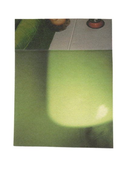 Abstract photo collage featuring figurative elements with luminous green-yellow atmospheric tones and soft gradients.